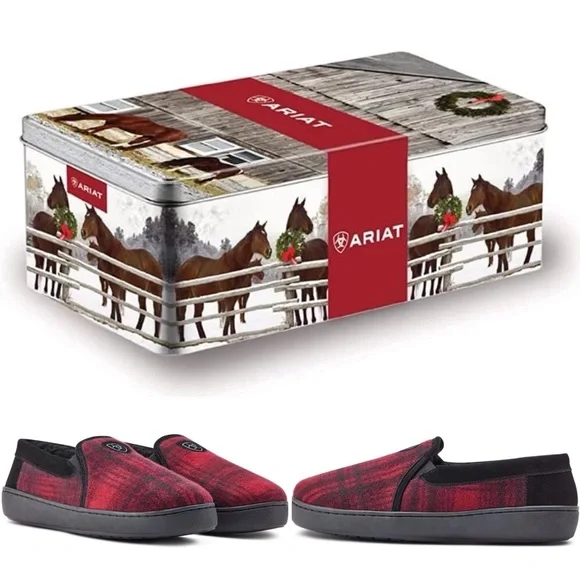 ARIAT New in Gift Tin Plaid Felt Men’s Fleece Slippers - Picture 14 of 14
